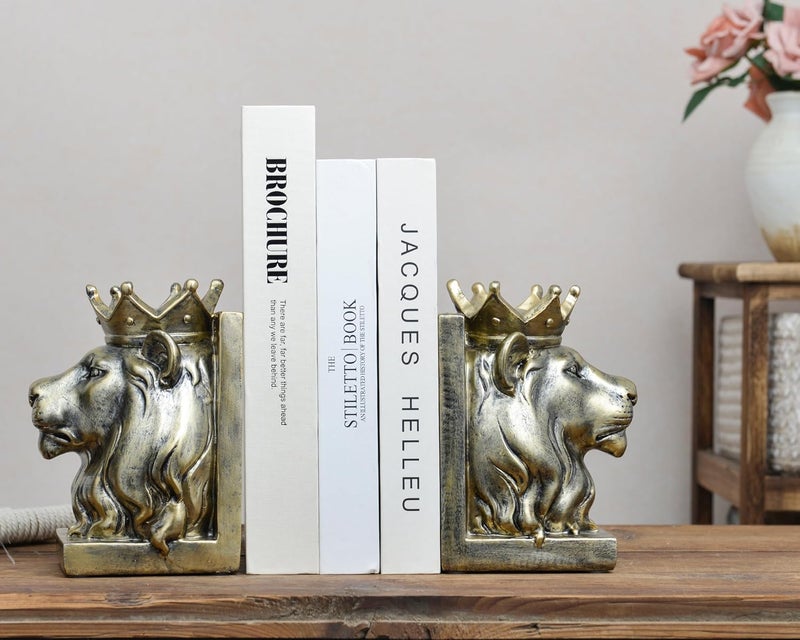 Kakizzy Vintage Gold Lion Book Ends,Animal Decorative Bookends,Resin Book Holder,Luxurious Book Ends for Shelves Rooms Office Home Decor,Unique Book Lover Gift(Gold Lion) - Image 2